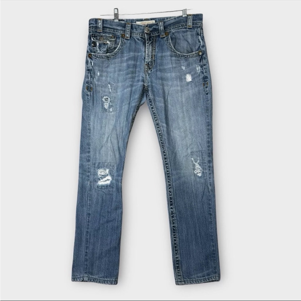MEK Denim Easter Island Jeans Men 32x34 Fit 34x 30 Blue Distressed Accent Stitch
